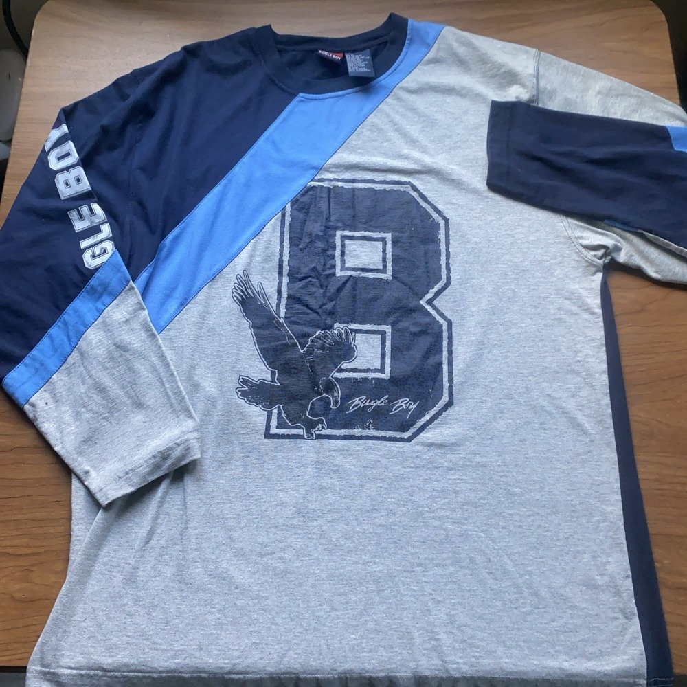 Bugle Boy‎ Mens XL Colorblock Long Sleeve Y2K Graphic Tee Varsity Eagle Logo